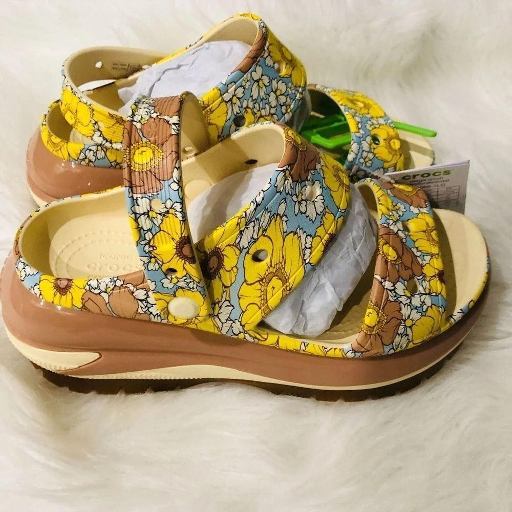 Crocs Mega Crush Retro Floral Sandal Bone‎ Multi Sunflower Platform Size M7 W9